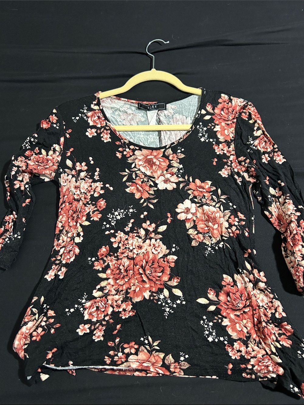 Vibe Black Long Sleeve Scoop Neck Top with Coral Floral Print